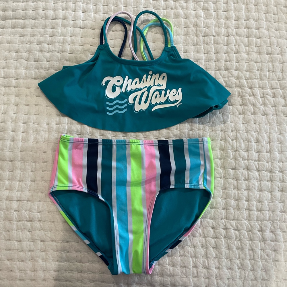 Girls Chasing Waves Justice size 8 two piece swim suit, high waist bottoms